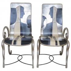 Pair of whimsical hand painted wood and metal chairs 